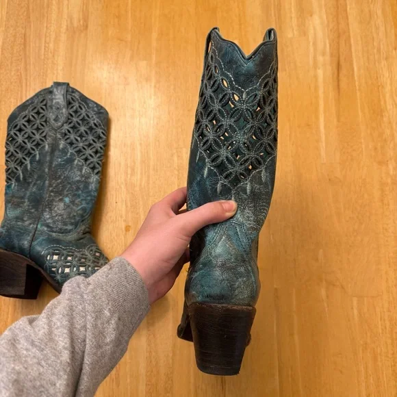 Corral Laser Cutout Western Cowboy Cowgirl Boots Turquoise Heel Rodeo Women’s 9 - Picture 9 of 14